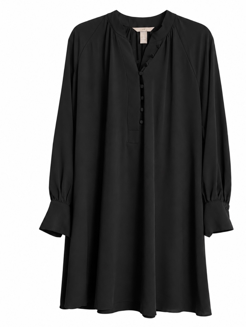 Black Button-Front Long Sleeve Tunic Dress